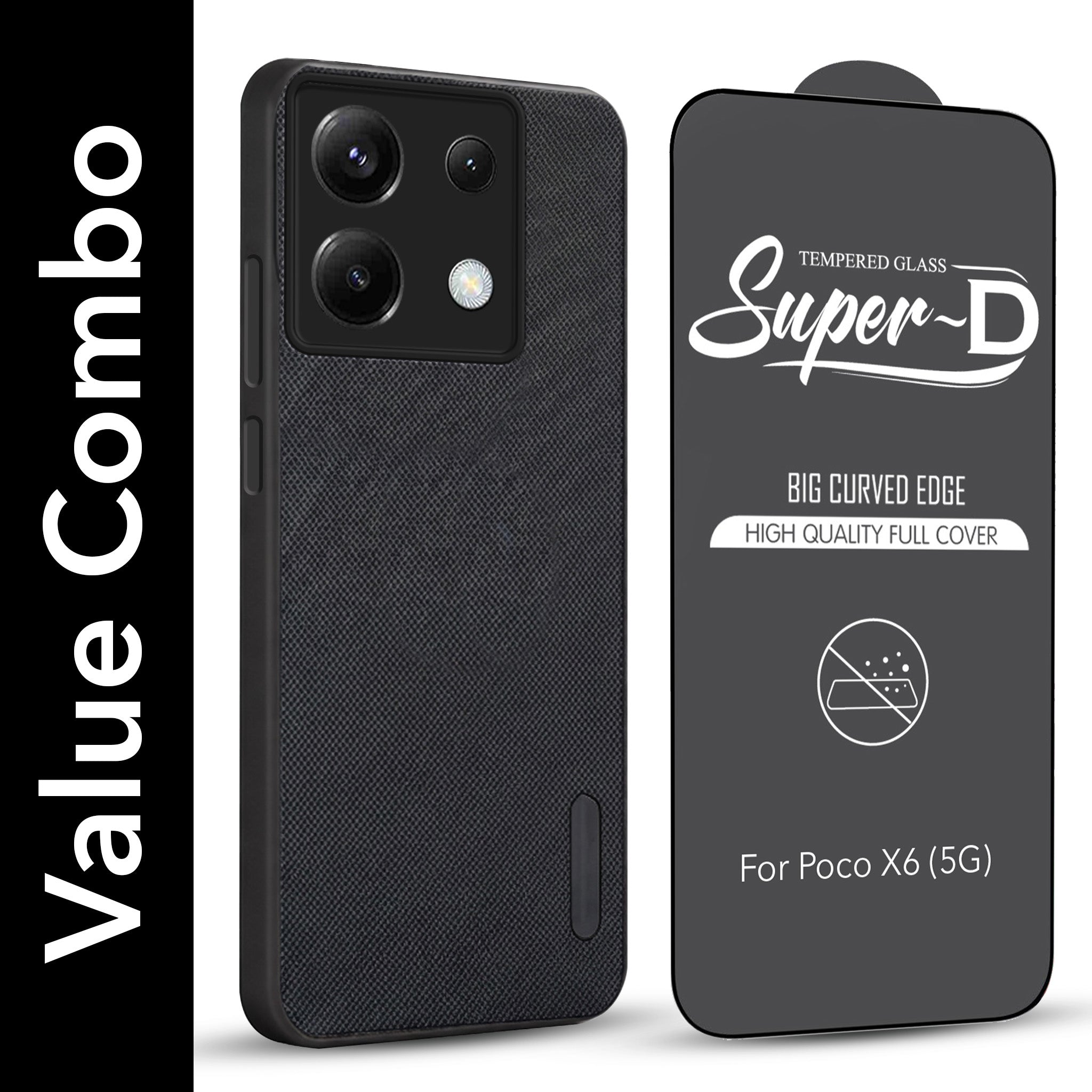 For Poco X6 5G Combo with Back Cover and 9H Tempered Glass (Textured Grip Design | Micro-Fiber Cloth Inside | Oleophobic Coating Screen Glass)