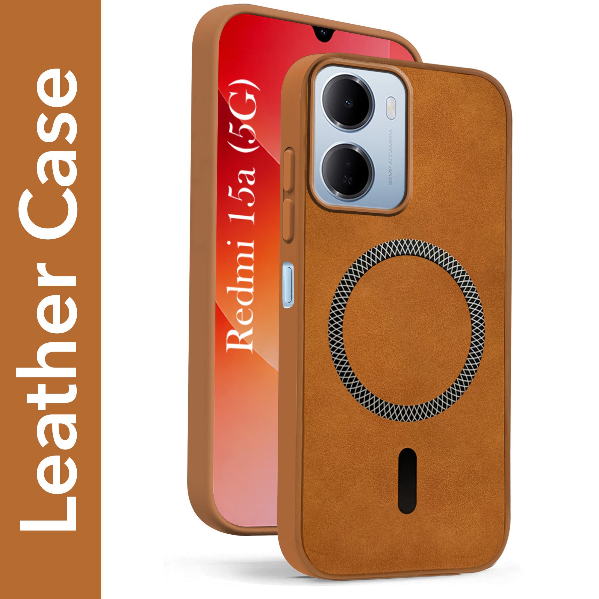 For Redmi 15A 5G Back Cover Case Leather Finish (MagSafe Compatible Wireless Charging | Soft Touch | Camera Bump Protection)