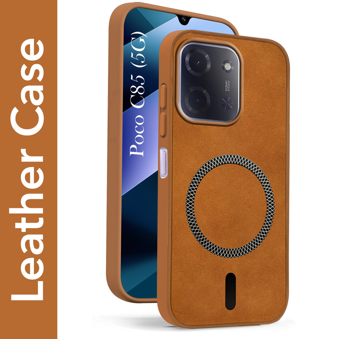 For Poco C85 5G Back Cover Case Leather Finish  (MagSafe Compatible Wireless Charging | Soft Touch | Camera Bump Protection)