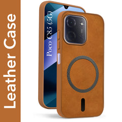For Poco C85 5G Back Cover Case Leather Finish  (MagSafe Compatible Wireless Charging | Soft Touch | Camera Bump Protection)