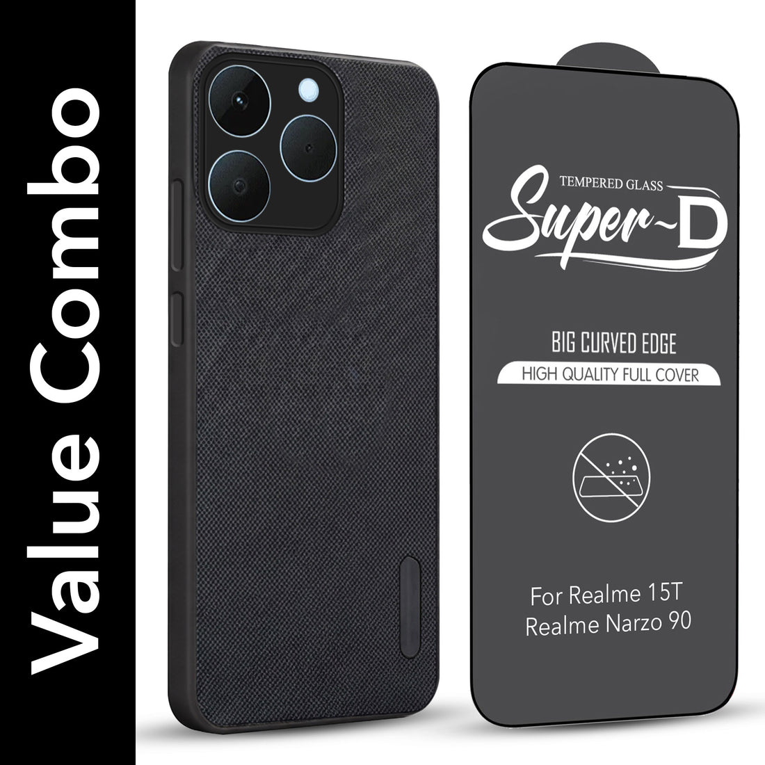 For Realme 15T | Realme Narzo 90 Combo with Back Cover and 9H Tempered Glass (Textured Grip Design | Micro-Fiber Cloth Inside | Oleophobic Coating Screen Glass)