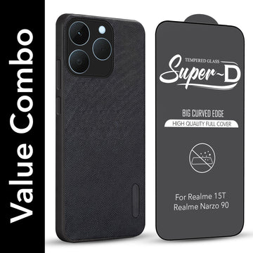 For Realme 15T | Realme Narzo 90 Combo with Back Cover and 9H Tempered Glass (Textured Grip Design | Micro-Fiber Cloth Inside | Oleophobic Coating Screen Glass)