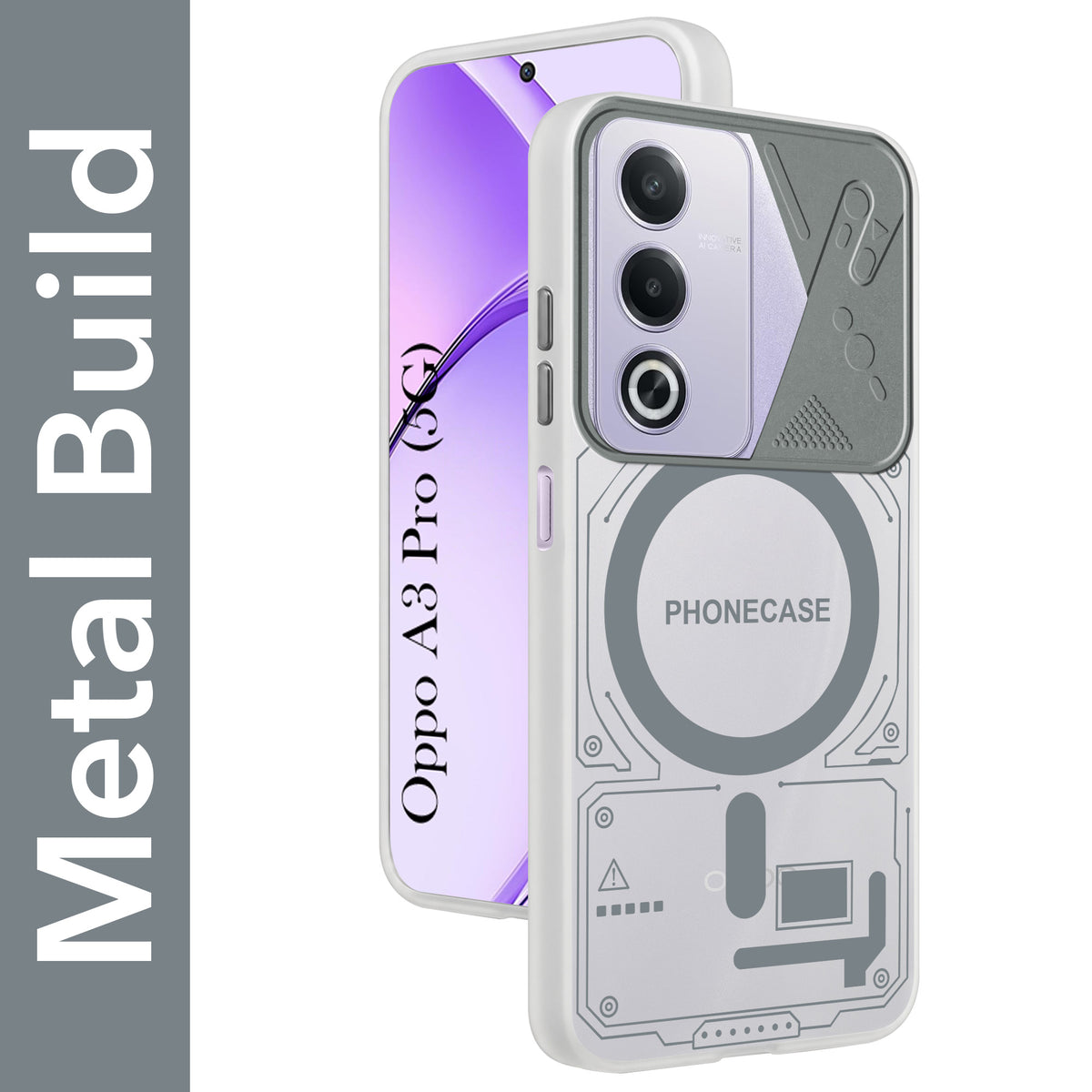 For Oppo A3 Pro 5G Metallic Back Cover Case (Metallic Camera Protection & Buttons | Translucent Milky Shade | Hard Polycarbonate)