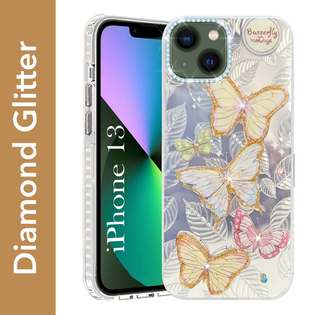 For Apple iPhone 13 Back Cover Case (Luxury Floral Glitter Cute Butterfly | Diamond Studded Camera Bump | Girls & Women Design)