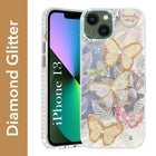 For Apple iPhone 13 Back Cover Case (Luxury Floral Glitter Cute Butterfly | Diamond Studded Camera Bump | Girls & Women Design)