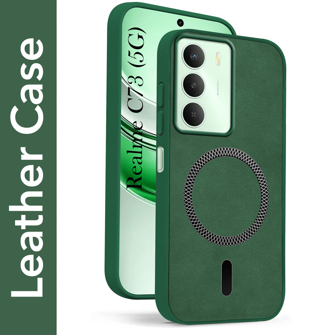 For Realme C73 Back Cover Case Leather Finish (MagSafe Compatible Wireless Charging | Soft Touch | Camera Bump Protection)