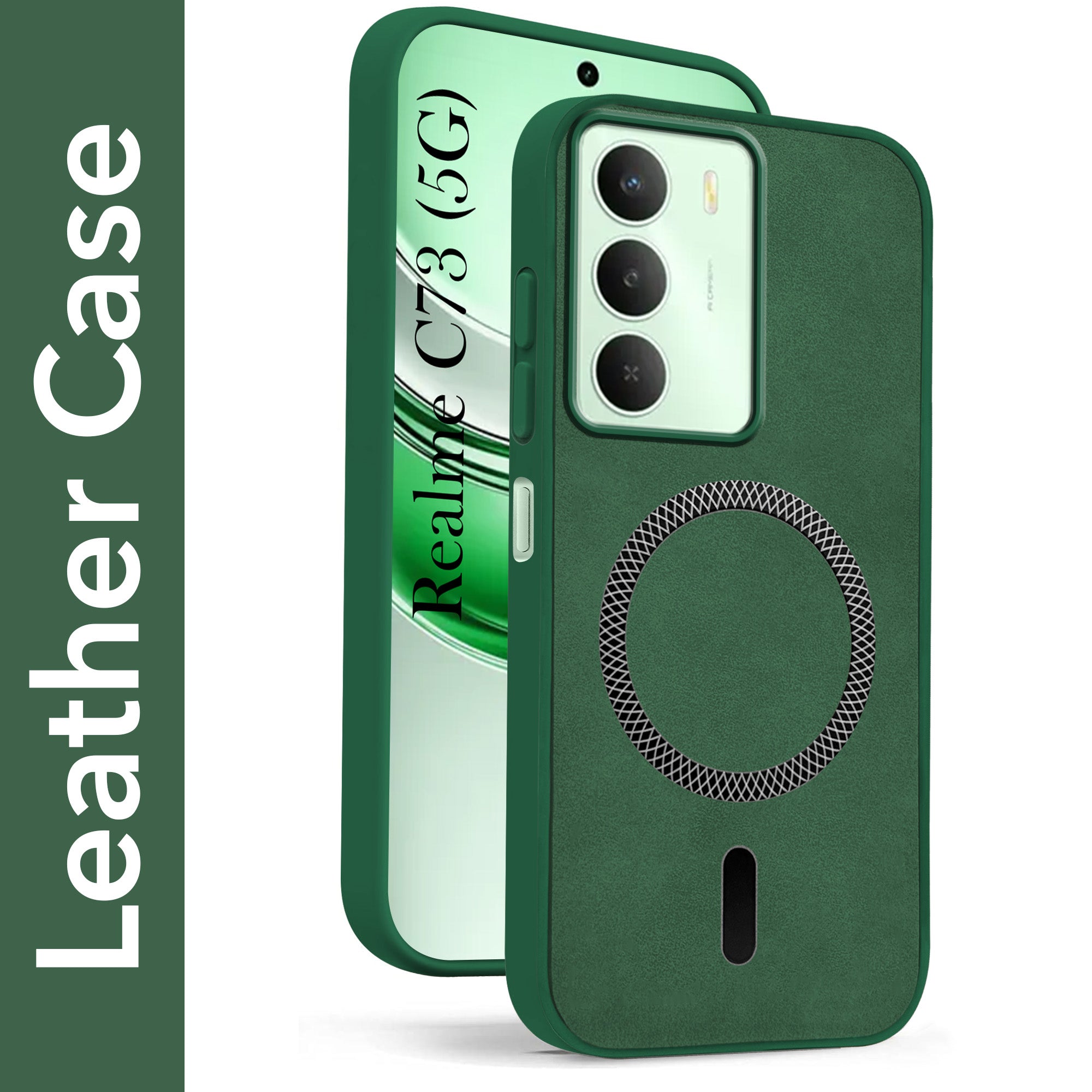 For Realme C73 Back Cover Case Leather Finish (MagSafe Compatible Wireless Charging | Soft Touch | Camera Bump Protection)