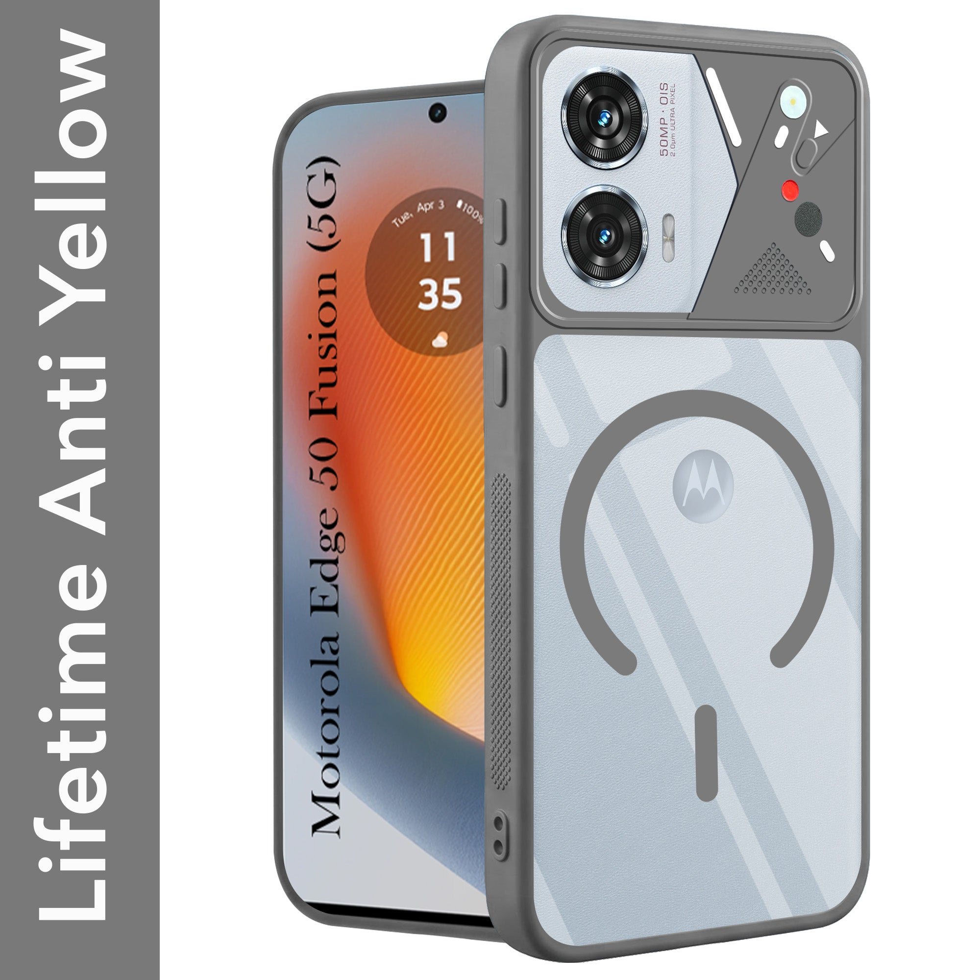 For Motorola Moto Edge 50 Fusion Back Cover Case Lifetime Anti-Yellow Clear (Camera Protection | Side Grip | Wireless MagSafe Compatible)