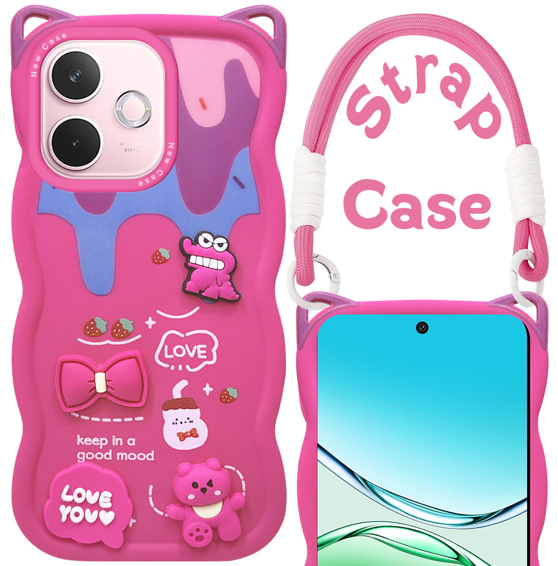 For Oppo A5 Pro Back Case Cover Strap(3D embossed Figures | Strap Holder | 360* Soft Cushion with Camera Bump)