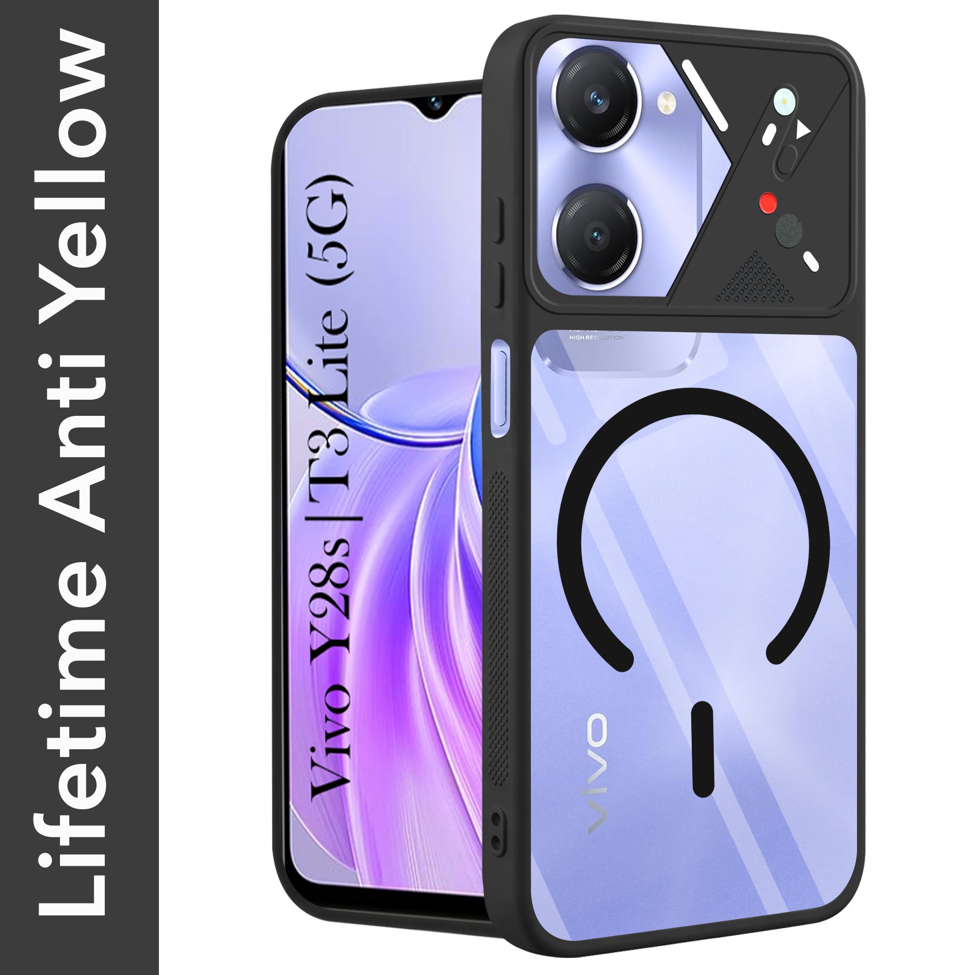 For Vivo Y28s 5G | Vivo T3 Lite 5G Back Cover Case Lifetime Anti-Yellow Clear (Camera Protection | Side Grip | Wireless MagSafe Compatible)