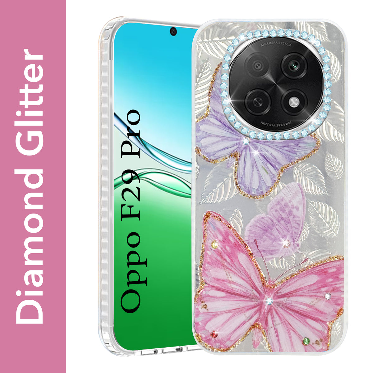 For Oppo F29 Pro Back Cover Case  (Luxury Floral Glitter Cute Butterfly | Diamond Studded Camera Bump | Girls & Women Design)