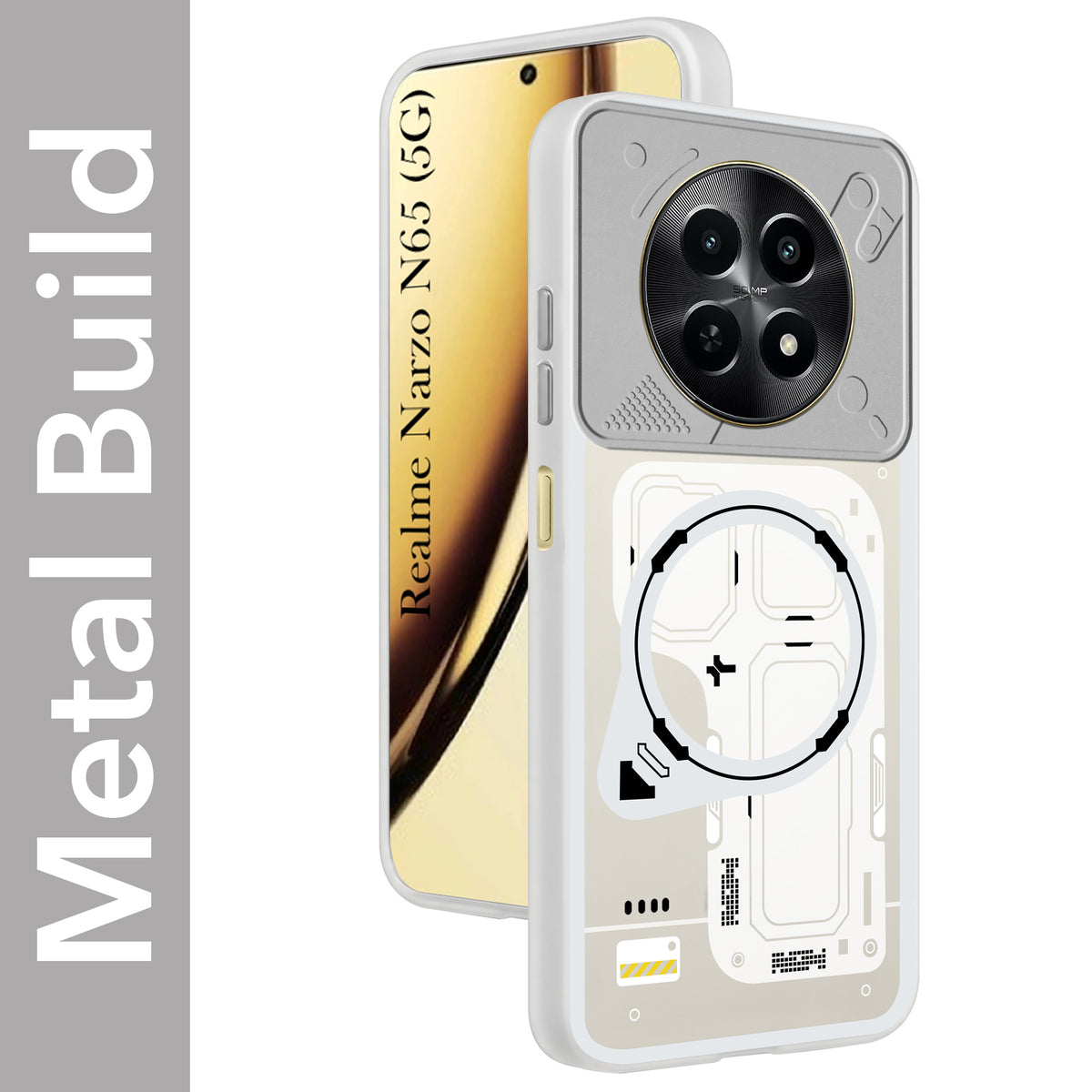 For Realme Narzo N65 5G Metallic Back Cover Case (Metallic Camera Protection & Buttons | Translucent Milky Shade | Hard Polycarbonate)