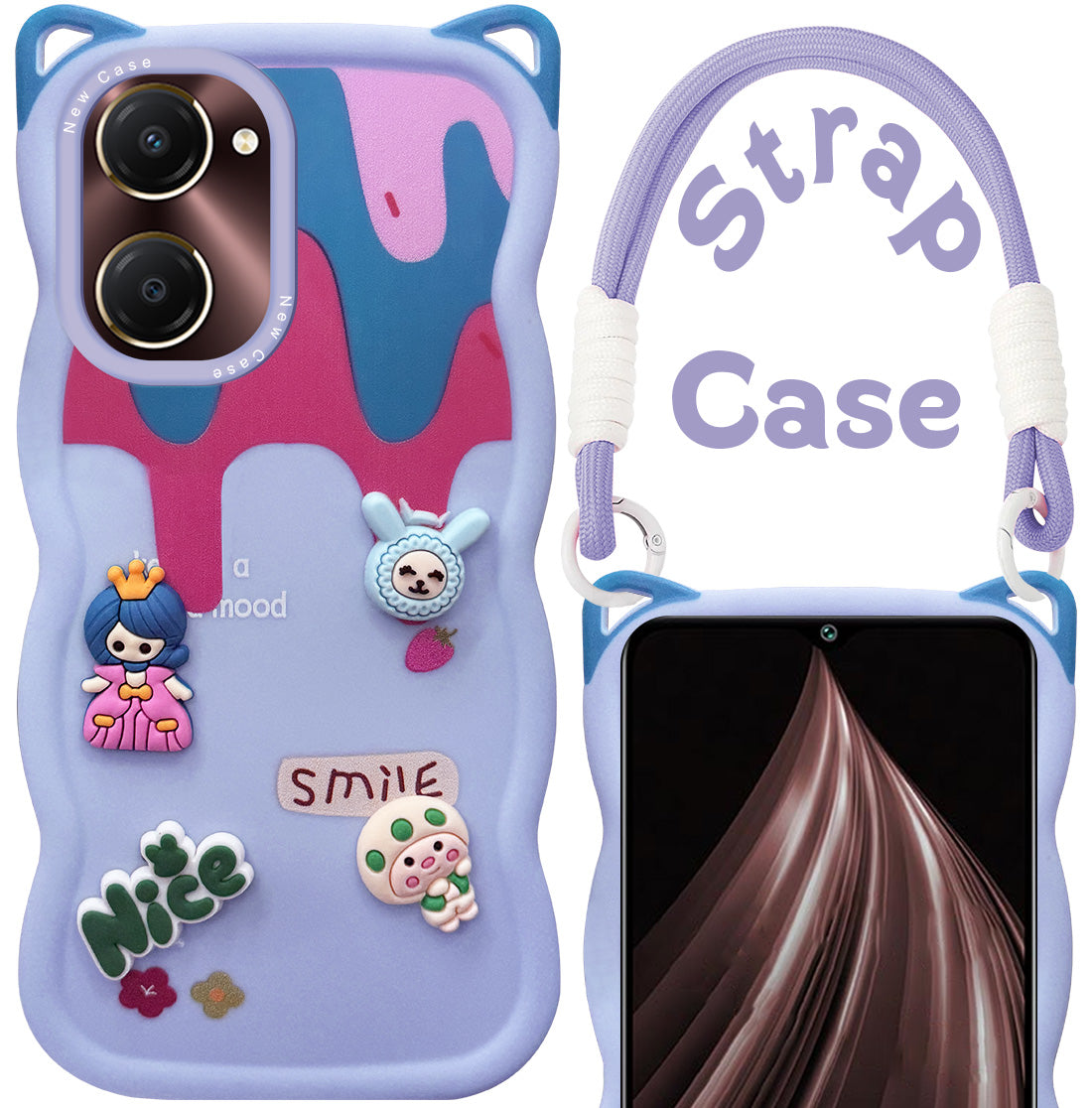For Vivo iQOO Z9 Lite Back Case Cover Strap (3D embossed Figures | Strap Holder | 360* Soft Cushion with Camera Bump)