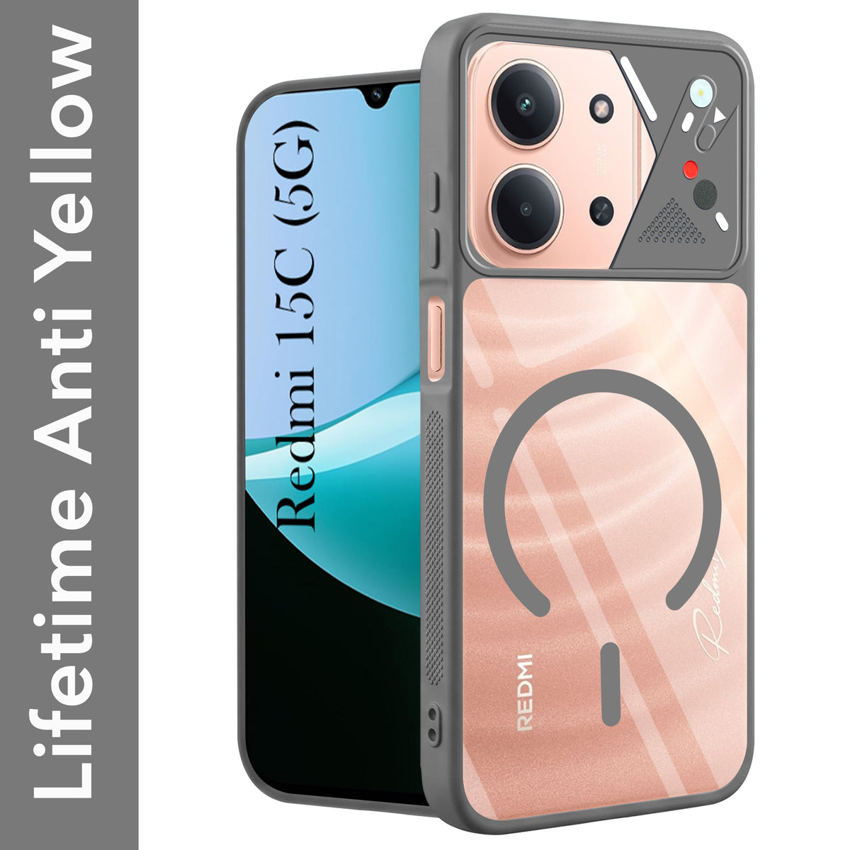 For Redmi 15C Back Cover Case Lifetime Anti-Yellow Clear (Camera Protection | Side Grip | Wireless MagSafe Compatible)