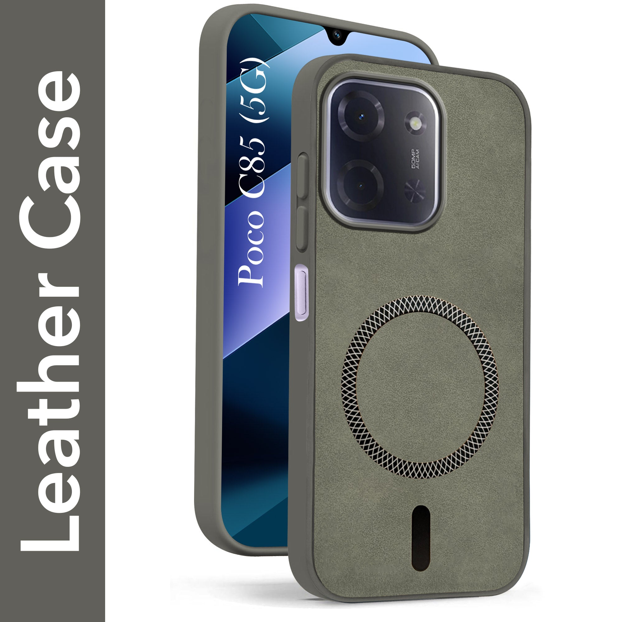 For Poco C85 5G Back Cover Case Leather Finish  (MagSafe Compatible Wireless Charging | Soft Touch | Camera Bump Protection)