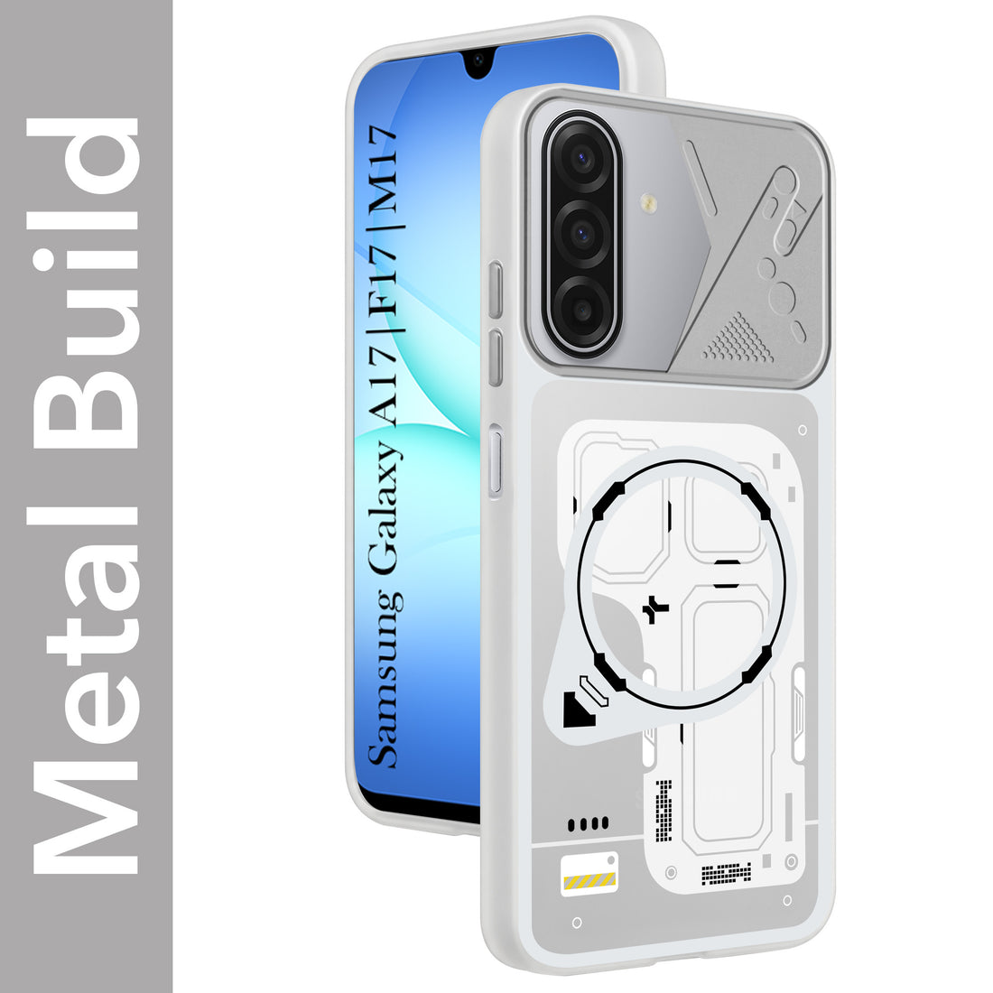 For Samsung Galaxy A17 | Samsung F17 | Samsung M17 5G Metallic Back Cover Case (Metallic Camera Protection & Buttons | Translucent Milky Shade | Hard Polycarbonate)