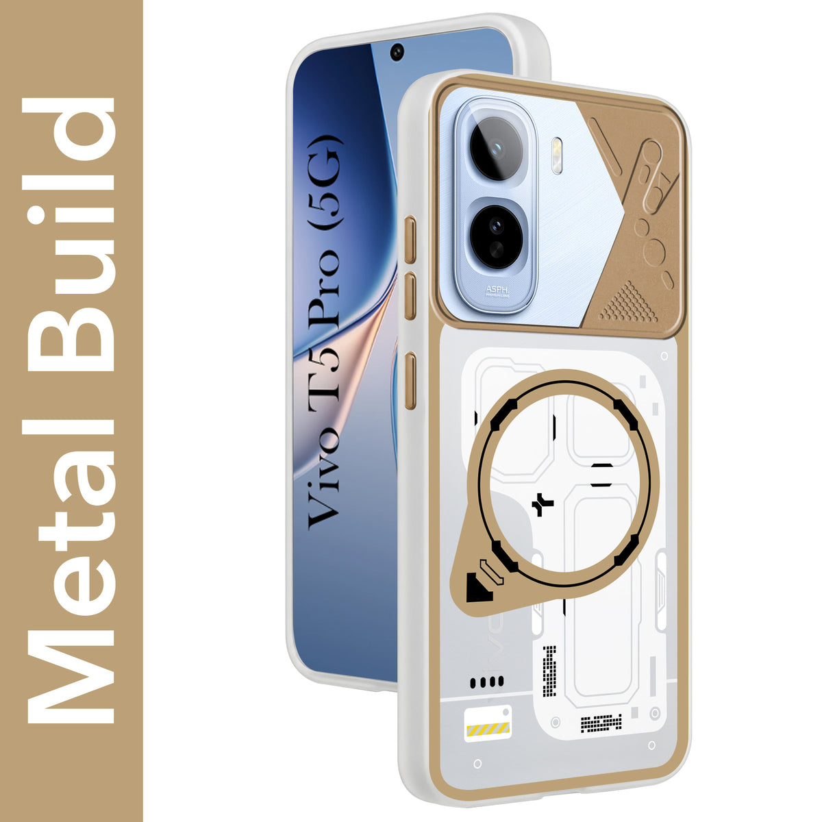 For Vivo T5 Pro 5G Metallic Back Cover Case (Metallic Camera Protection & Buttons | Translucent Milky Shade | Hard Polycarbonate)