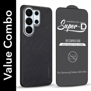 For Samsung Galaxy S26 Ultra Combo with Back Cover and 9H Tempered Glass (Textured Grip Design | Micro-Fiber Cloth Inside | Oleophobic Coating Screen Glass)