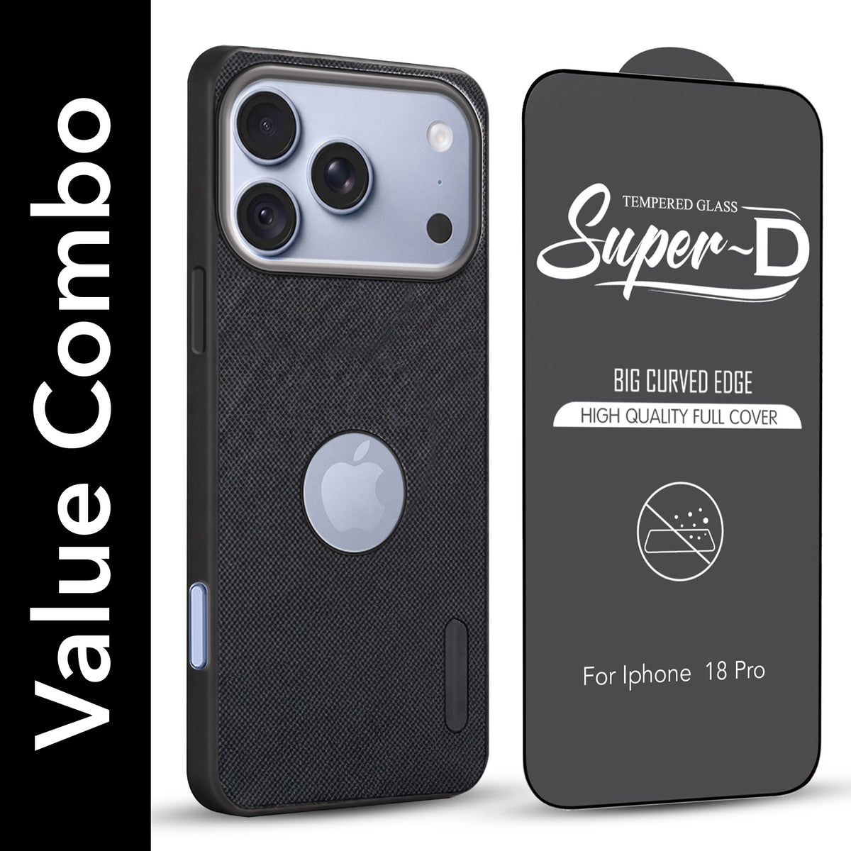 For Apple iPhone 18 Pro Combo with Back Cover and 9H Tempered Glass (Textured Grip Design | Micro-Fiber Cloth Inside | Oleophobic Coating Screen Glass)