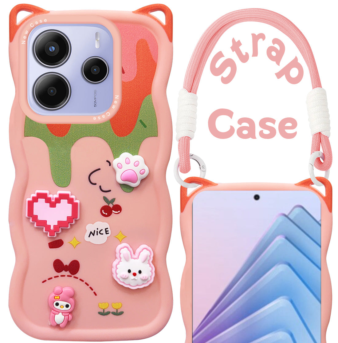 For Redmi Note 14 5G | Redmi Note 14 SE Back Case Cover Strap (3D embossed Figures | Strap Holder | 360* Soft Cushion with Camera Bump)