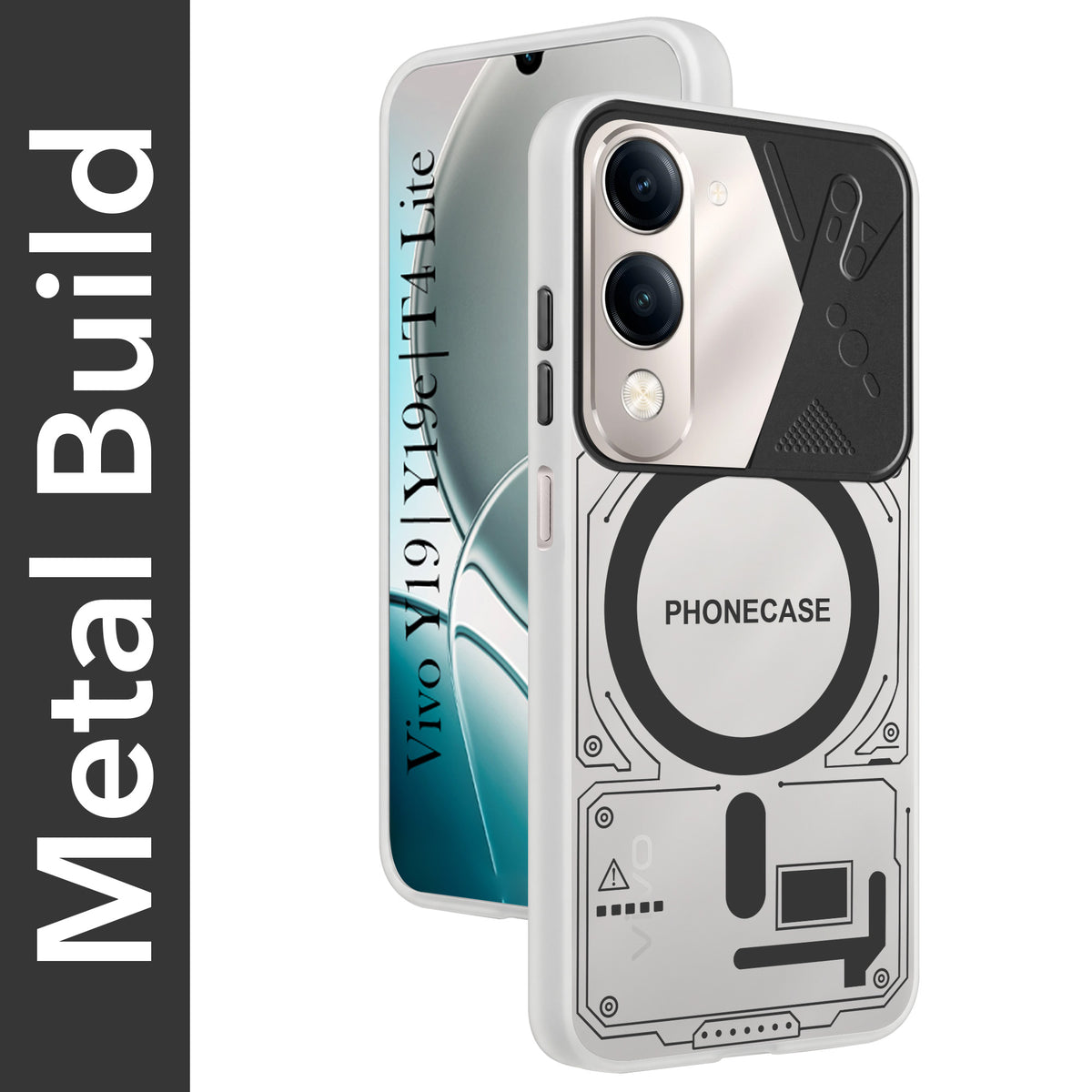 For Vivo Y19 | Vivo Y19e | Vivo T4 Lite Metallic Back Cover Case (Metallic Camera Protection & Buttons | Translucent Milky Shade | Hard Polycarbonate)