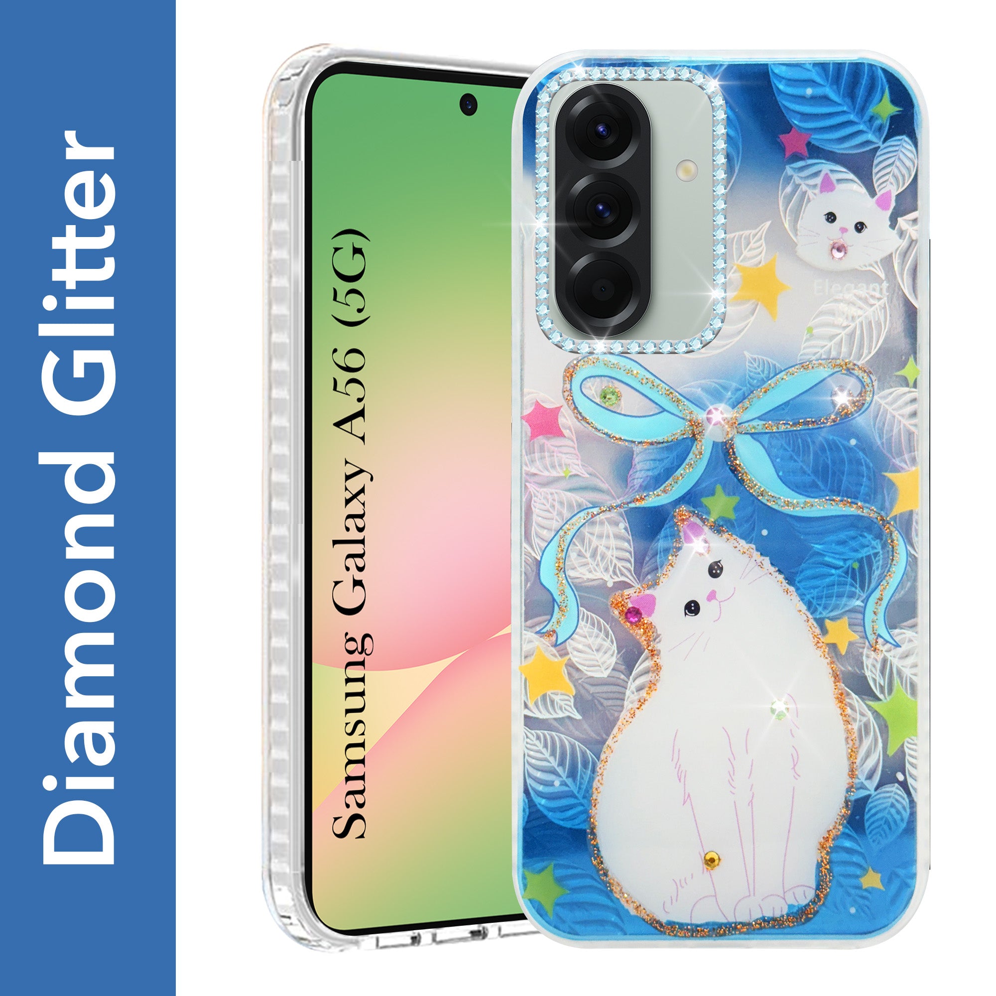 For Samsung Galaxy A56 Back Cover Case (Luxury Floral Glitter Cute Butterfly | Diamond Studded Camera Bump | Girls & Women Design)