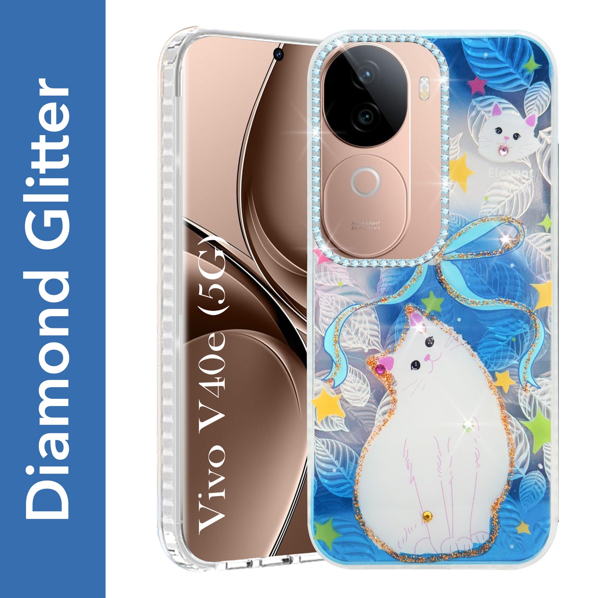 For Vivo V40e Back Cover Case (Luxury Floral Glitter Cute Butterfly | Diamond Studded Camera Bump | Girls & Women Design)