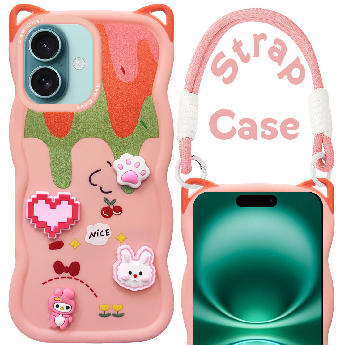 For Apple iPhone 16 Back Case Cover Strap (3D Embossed Figures | Strap Holder | 360* Soft Cushion with Camera Bump)