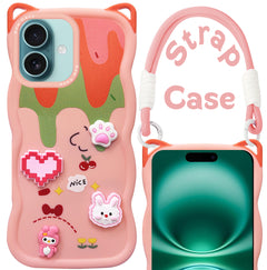 For Apple iPhone 16 Back Case Cover Strap (3D Embossed Figures | Strap Holder | 360* Soft Cushion with Camera Bump)