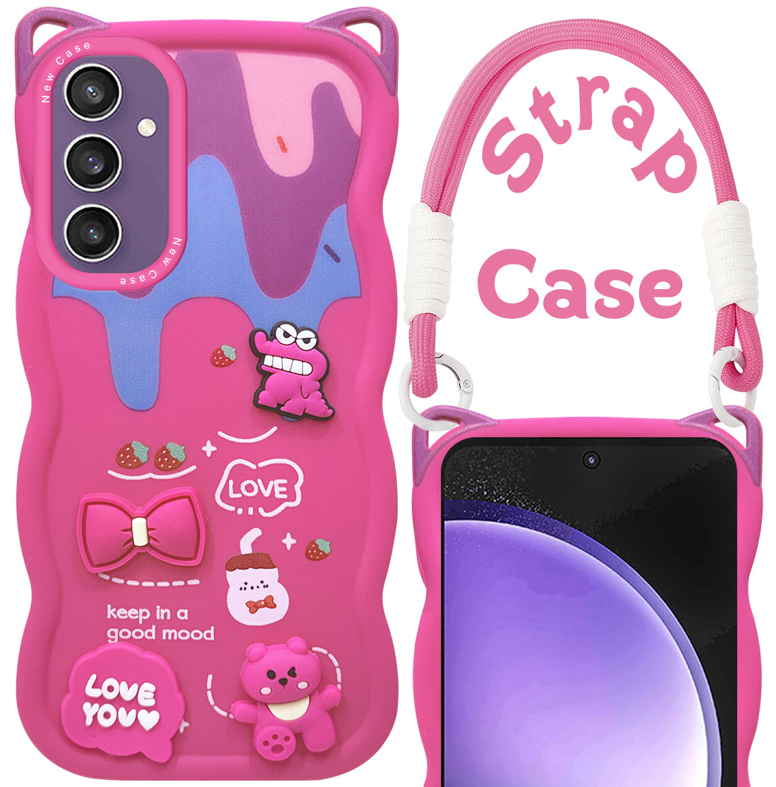 For Samsung Galaxy S23 FE 5G Back Case Cover Strap (3D embossed Figures | Strap Holder | 360* Soft Cushion with Camera Bump)