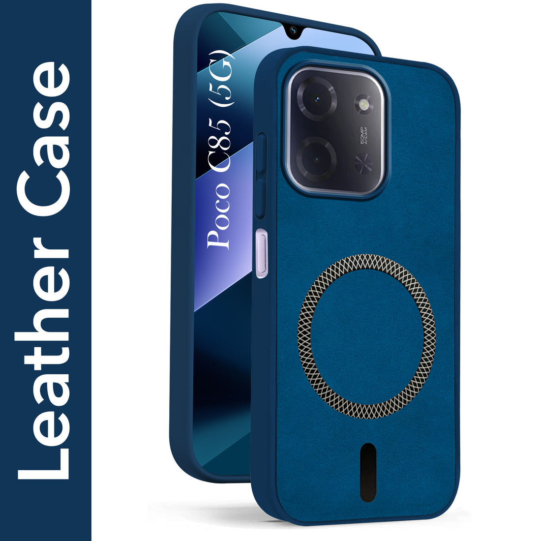 For Poco C85 5G Back Cover Case Leather Finish  (MagSafe Compatible Wireless Charging | Soft Touch | Camera Bump Protection)