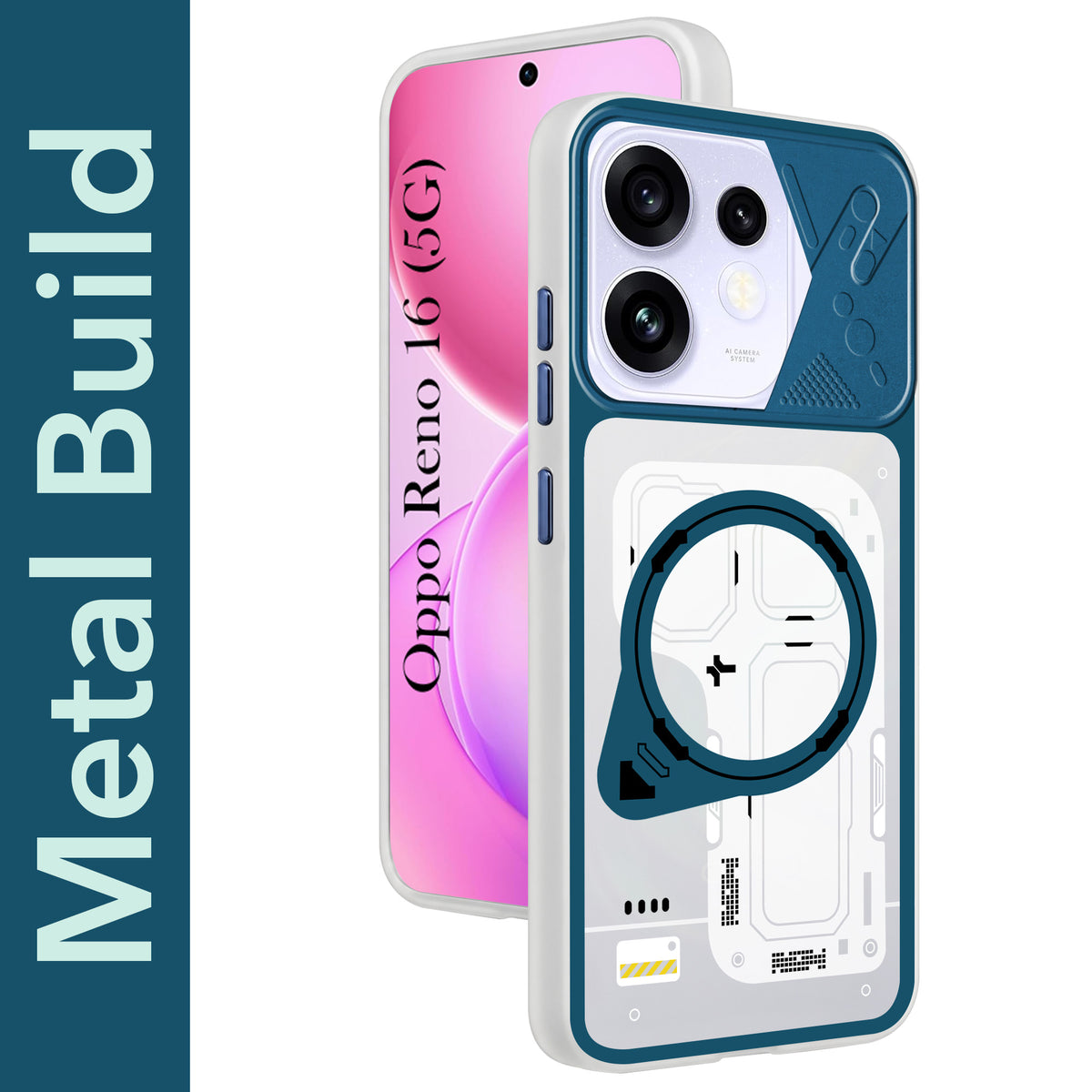 For Oppo Reno 16 Metallic Back Cover Case (Metallic Camera Protection & Buttons | Translucent Milky Shade | Hard Polycarbonate)