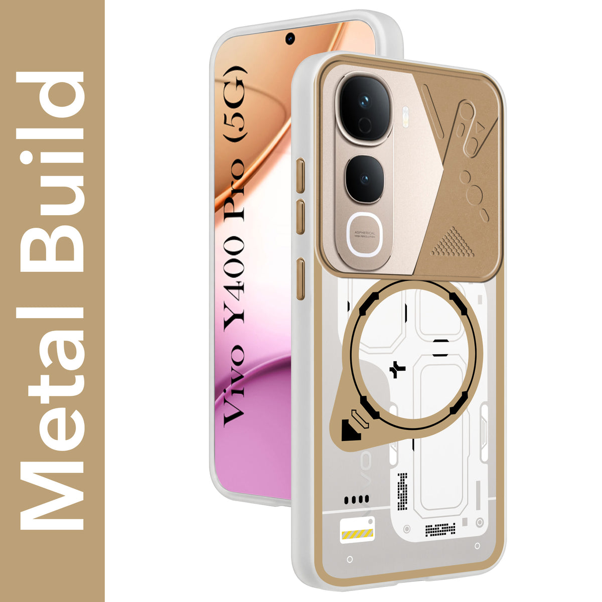 For Vivo Y400 Pro Metallic Back Cover Case (Metallic Camera Protection & Buttons | Translucent Milky Shade | Hard Polycarbonate)