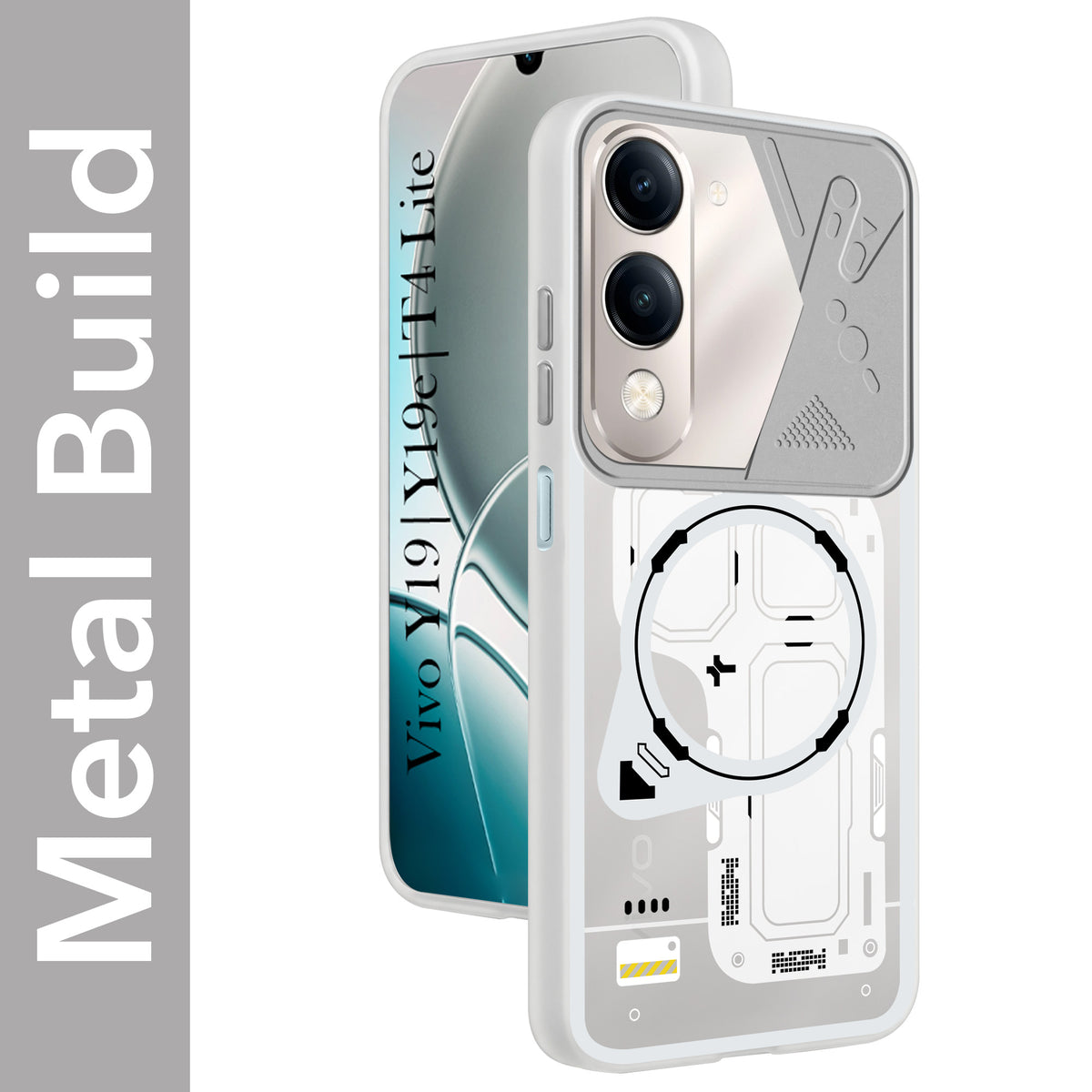 For Vivo Y19 | Vivo Y19e | Vivo T4 Lite Metallic Back Cover Case (Metallic Camera Protection & Buttons | Translucent Milky Shade | Hard Polycarbonate)