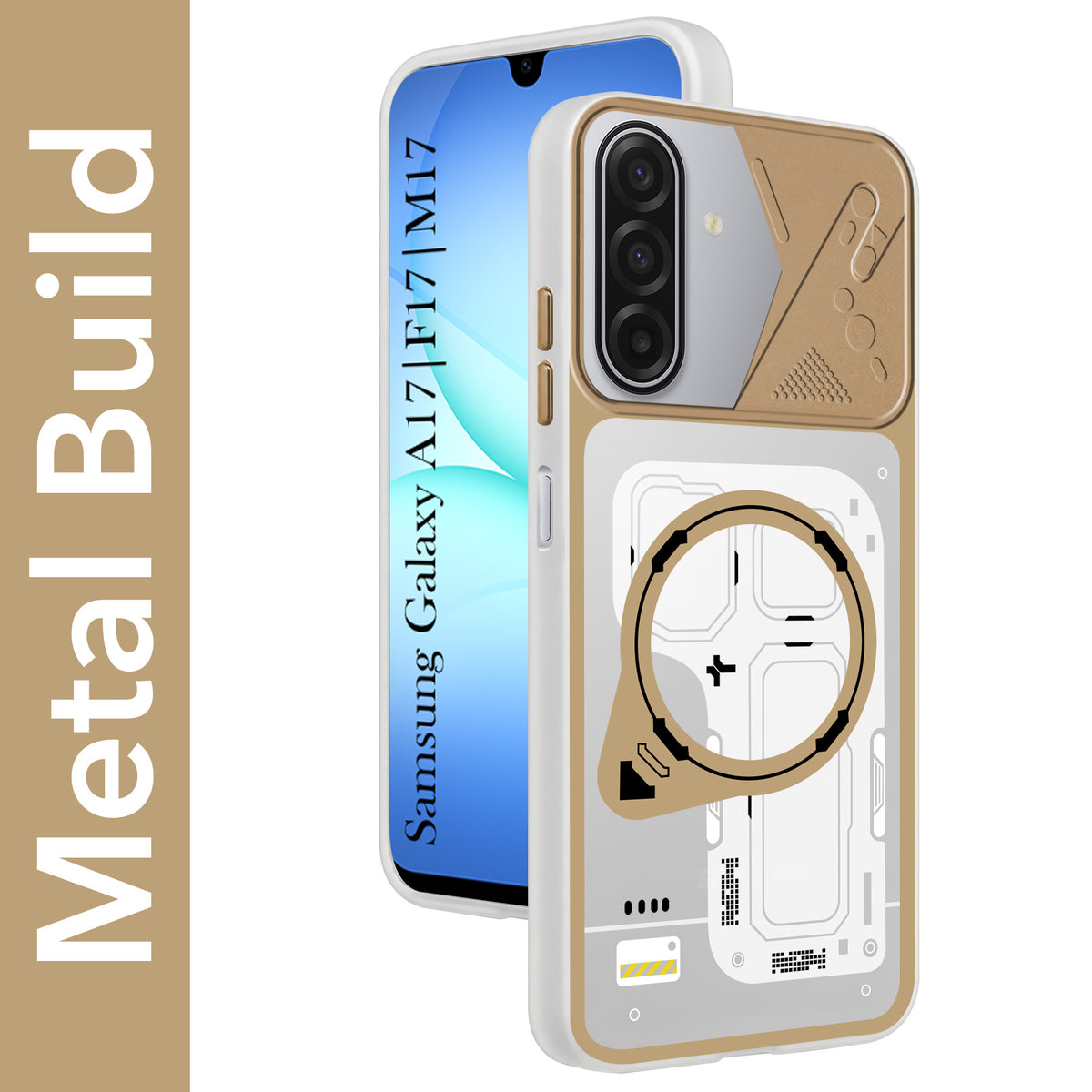 For Samsung Galaxy A17 | Samsung F17 | Samsung M17 5G Metallic Back Cover Case (Metallic Camera Protection & Buttons | Translucent Milky Shade | Hard Polycarbonate)