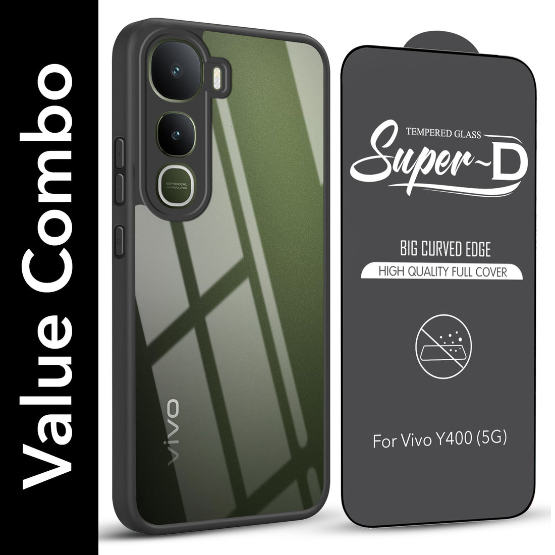 For Vivo Y400 Combo with Back Cover and 9H Tempered Glass (Lifetime Anti-Yellow | Crystal Clear Shockproof | Oleophobic Coating Screen Glass)