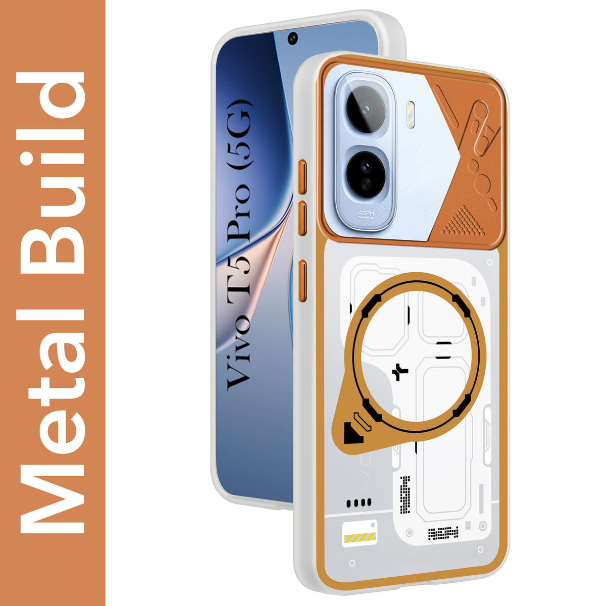 For Vivo T5 Pro 5G Metallic Back Cover Case (Metallic Camera Protection & Buttons | Translucent Milky Shade | Hard Polycarbonate)