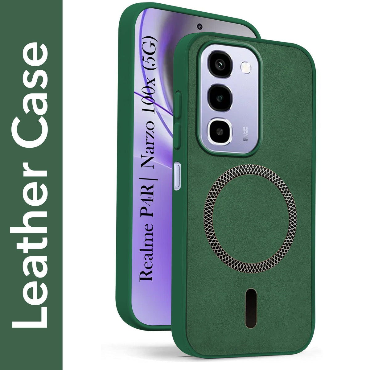For Realme P4R 5G | Realme Narzo 100X 5G Back Cover Case Leather Finish (MagSafe Compatible Wireless Charging | Soft Touch | Camera Bump Protection)