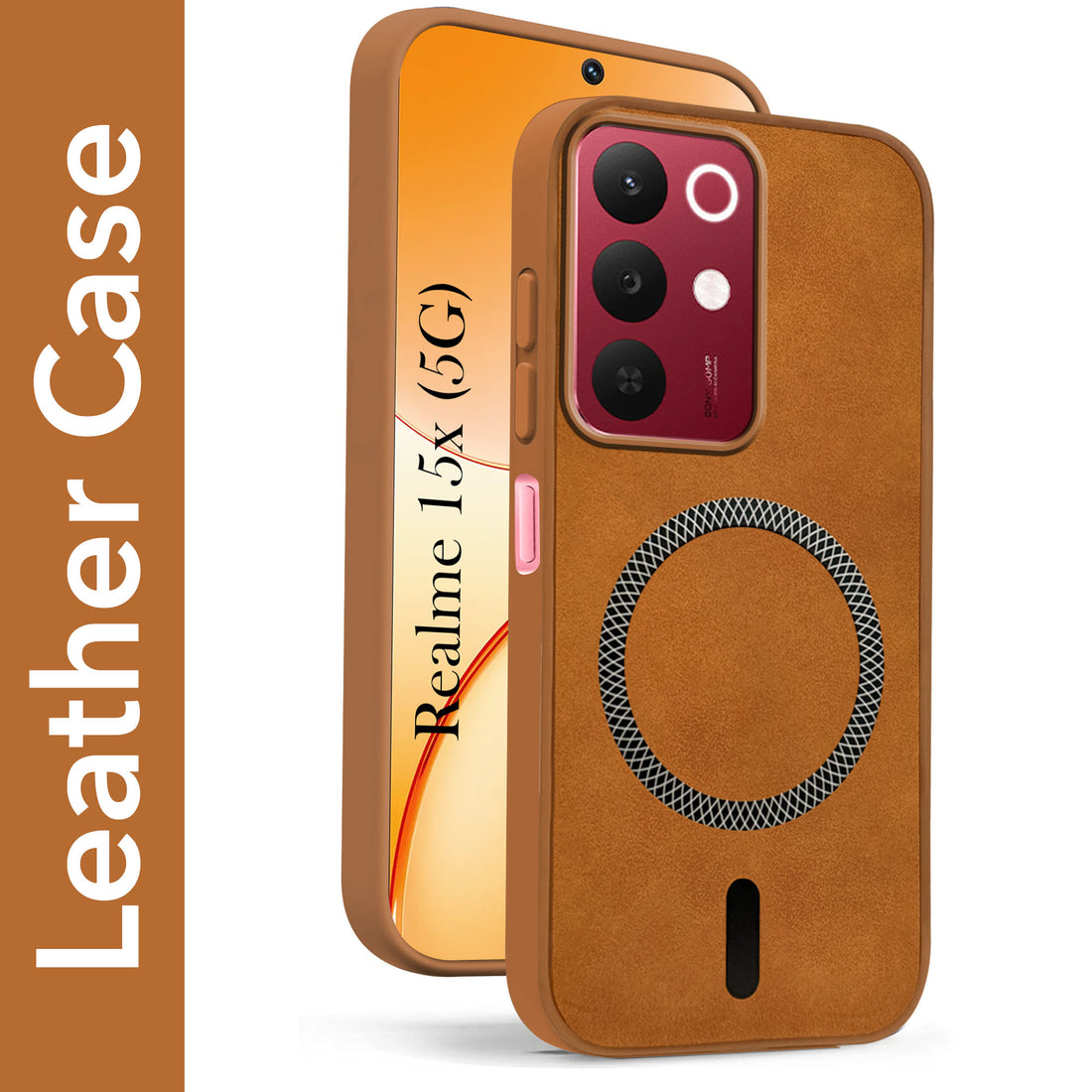 For Realme 15X Back Cover Case Leather Finish (MagSafe Compatible Wireless Charging | Soft Touch | Camera Bump Protection)