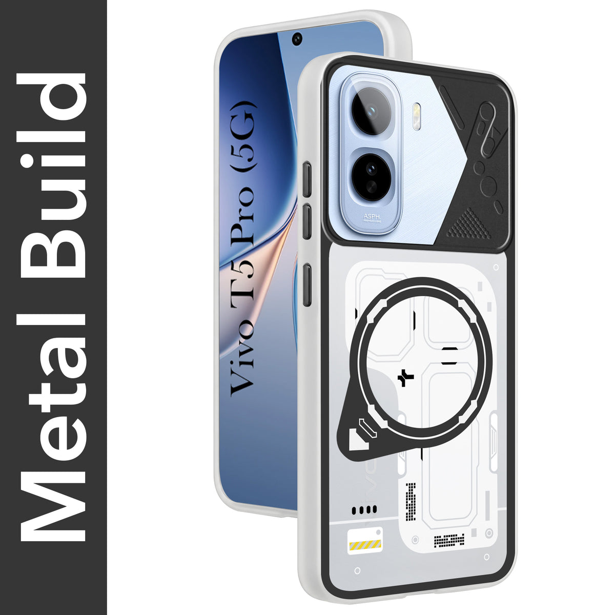 For Vivo T5 Pro 5G Metallic Back Cover Case (Metallic Camera Protection & Buttons | Translucent Milky Shade | Hard Polycarbonate)