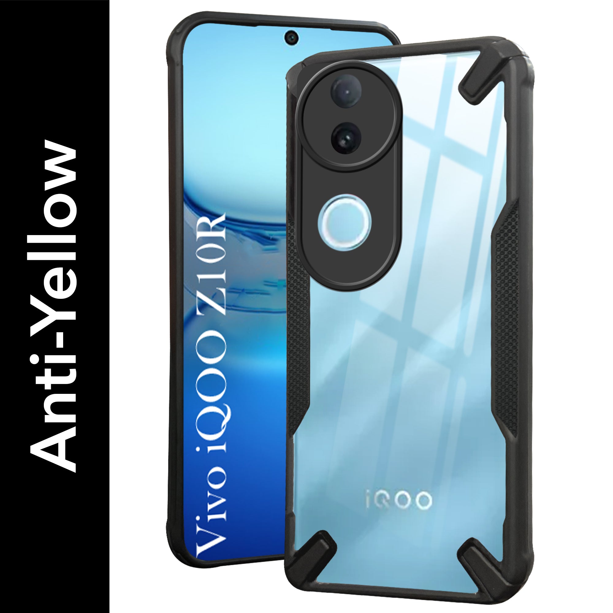 For Vivo iQOO Z10R Back Cover Case (Hybrid Crystal | Ultimate Shockproof Bumpers | Anti Yellow | Rugged Armor | Black )