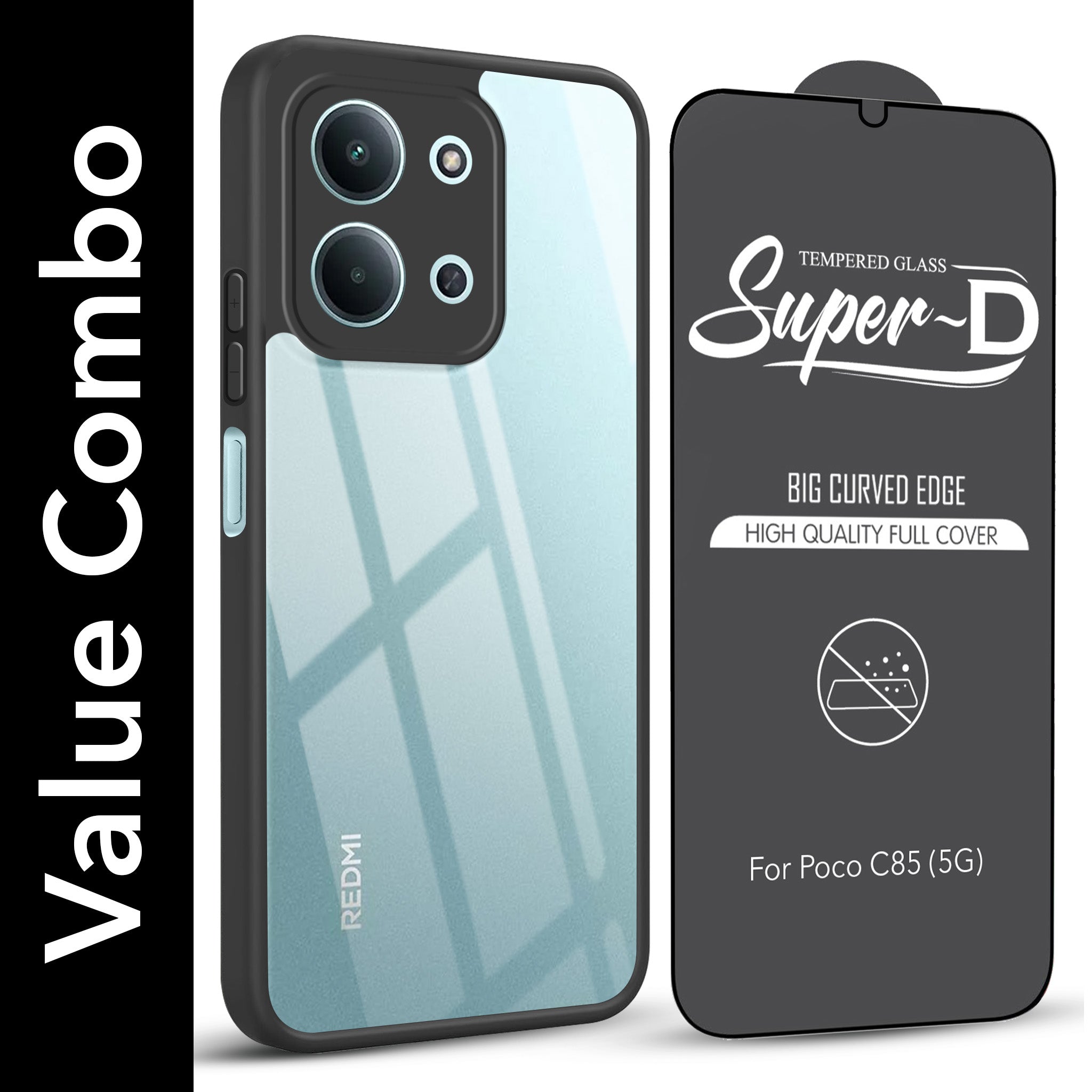 For Poco C85 5G Combo with Back Cover and 9H Tempered Glass (Lifetime Anti-Yellow | Crystal Clear Shockproof | Oleophobic Coating Screen Glass)