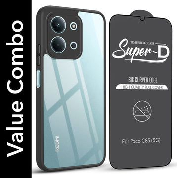 For Poco C85 5G Combo with Back Cover and 9H Tempered Glass (Lifetime Anti-Yellow | Crystal Clear Shockproof | Oleophobic Coating Screen Glass)