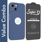 For Apple iPhone 15 Combo with Back Cover and 9H Tempered Glass (Liquid Silicone | Camera Protection | Oleophobic Coating Screen Glass)