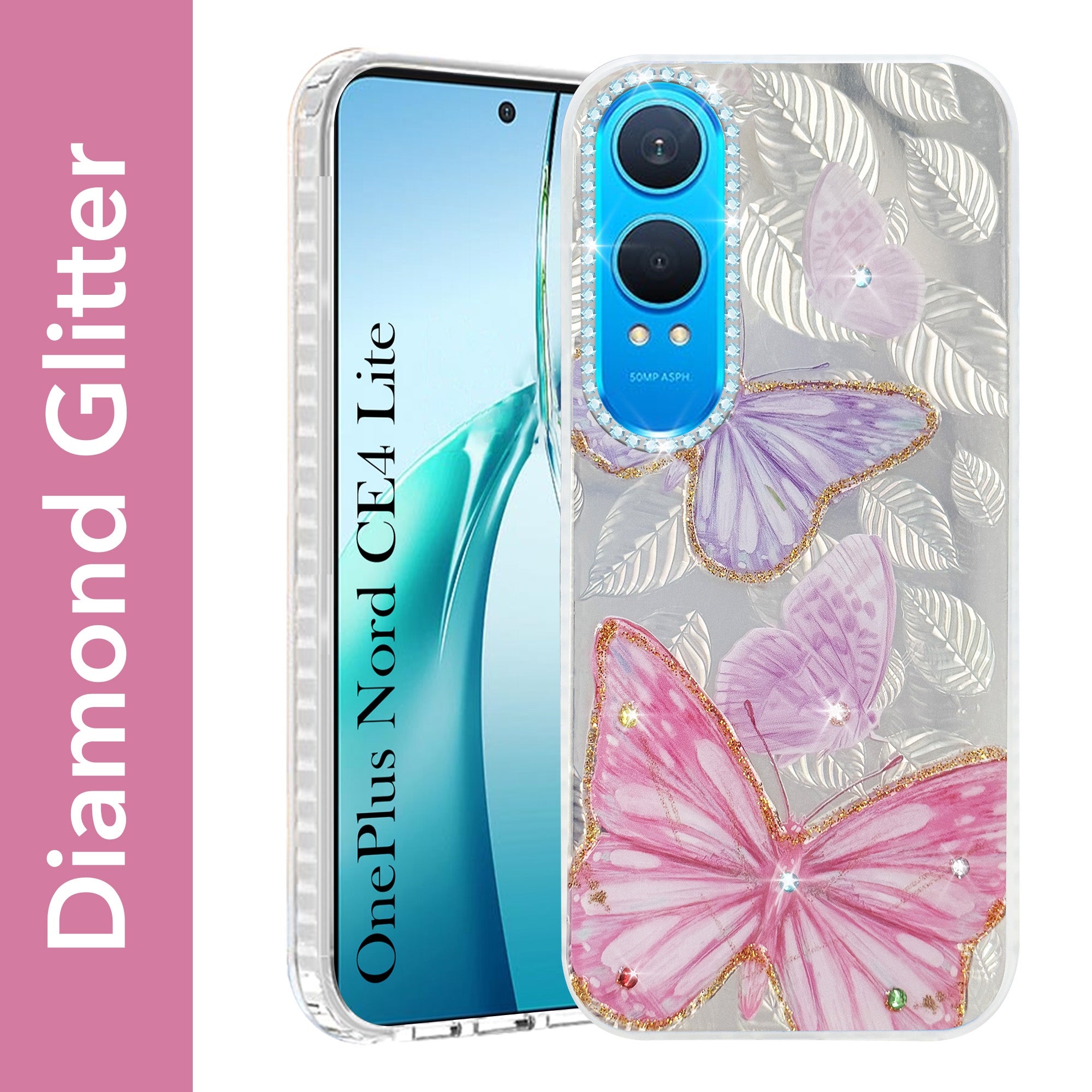 For OnePlus Nord CE 4 Lite Back Cover Case (Luxury Floral Glitter Cute Butterfly | Diamond Studded Camera Bump | Girls & Women Design)