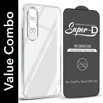 For OnePlus Nord CE 4 Lite Combo with Back Cover and 9H Tempered Glass (Lifetime Anti-Yellow | Sleek Hard Crystal | Oleophobic Coating Screen Glass)