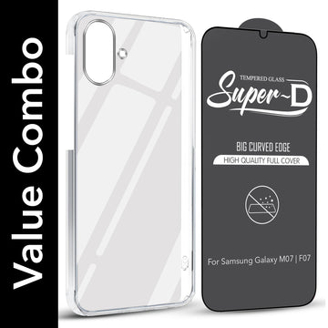 For Samsung Galaxy M07 | Samsung Galaxy F07 Combo with Back Cover and 9H Tempered Glass (Lifetime Anti-Yellow | Sleek Hard Crystal | Oleophobic Coating Screen Glass)