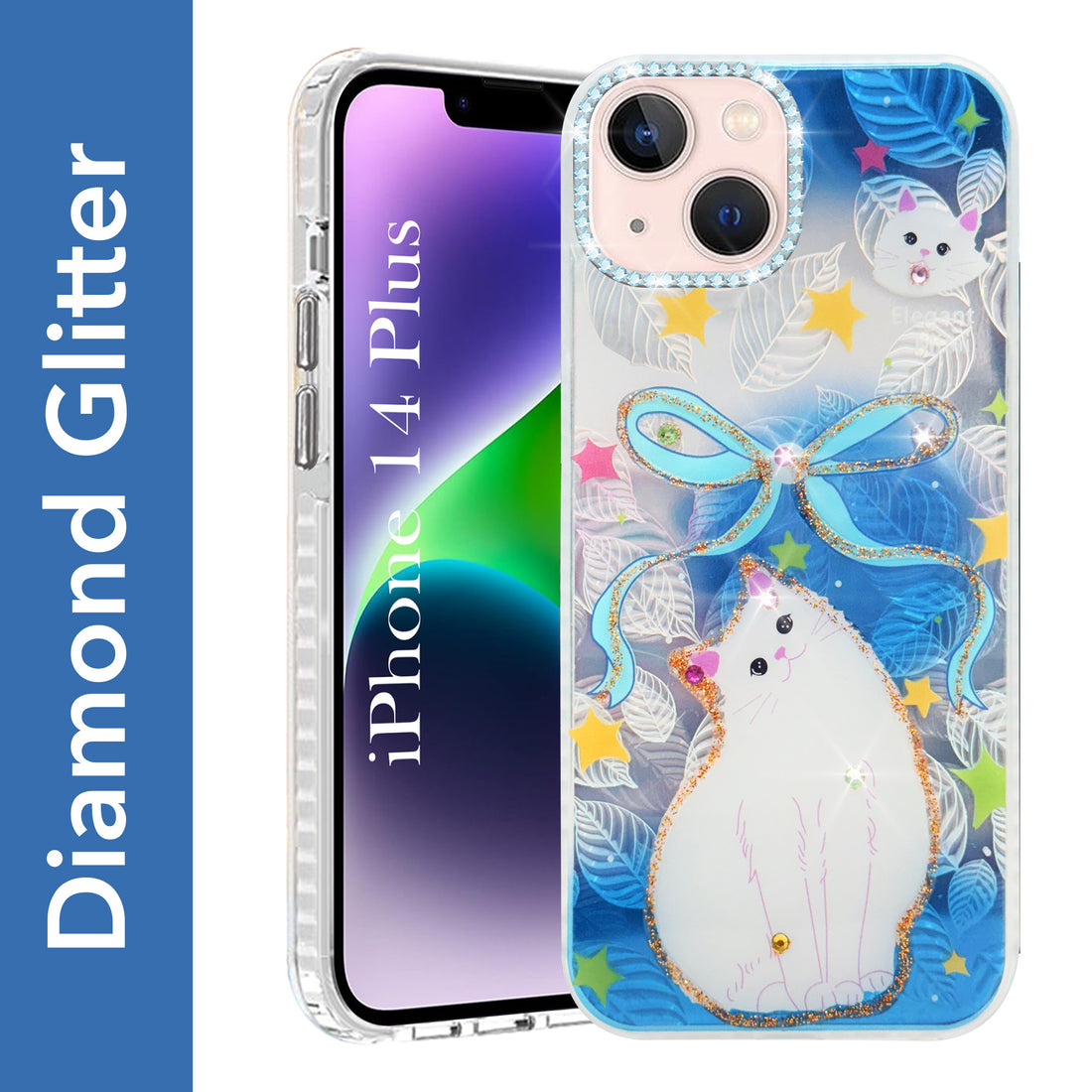 For Apple iPhone 14 Plus Back Cover Case (Luxury Floral Glitter Cute Butterfly | Diamond Studded Camera Bump | Girls & Women Design)