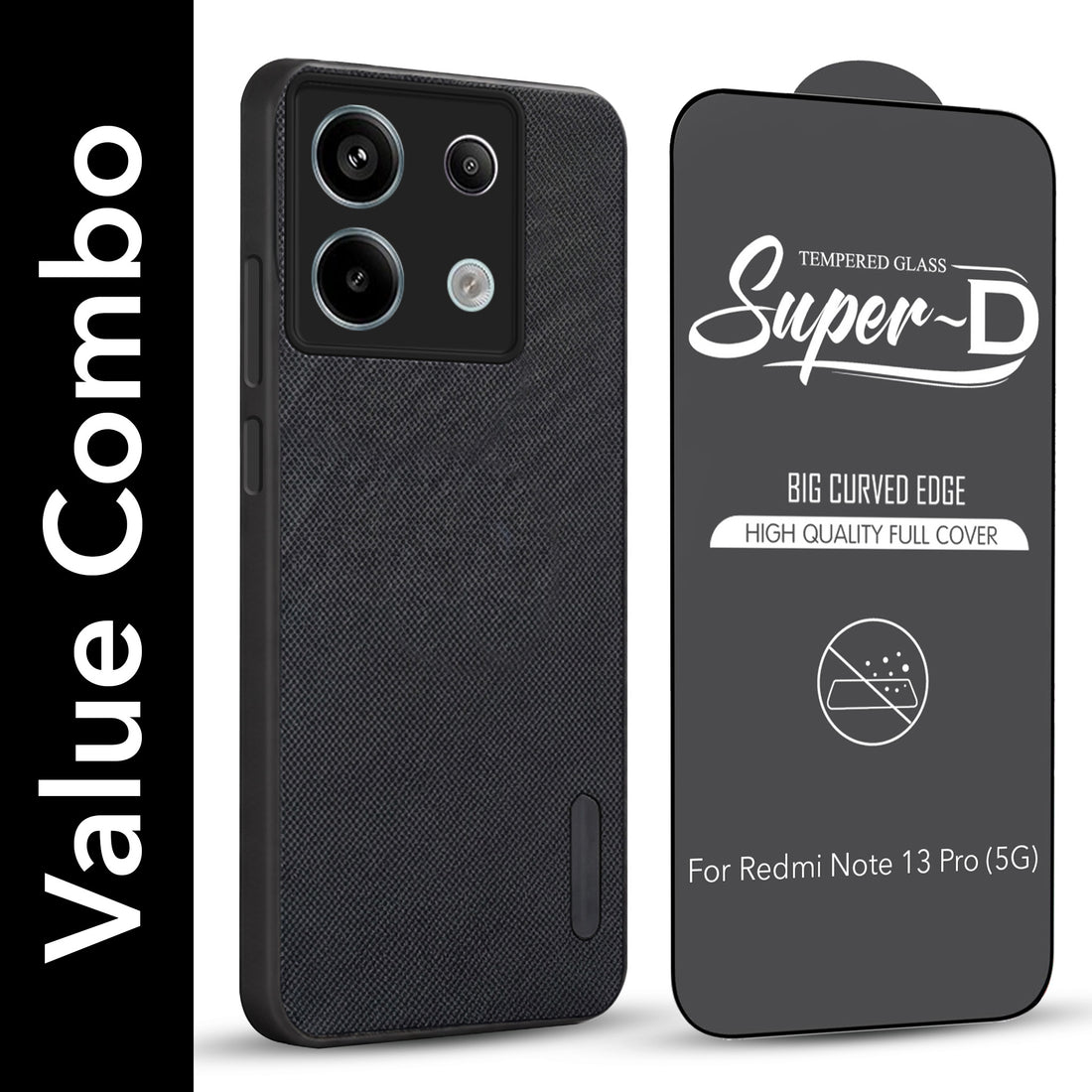 For Redmi Note 13 Pro Combo with Back Cover and 9H Tempered Glass (Textured Grip Design | Micro-Fiber Cloth Inside | Oleophobic Coating Screen Glass)