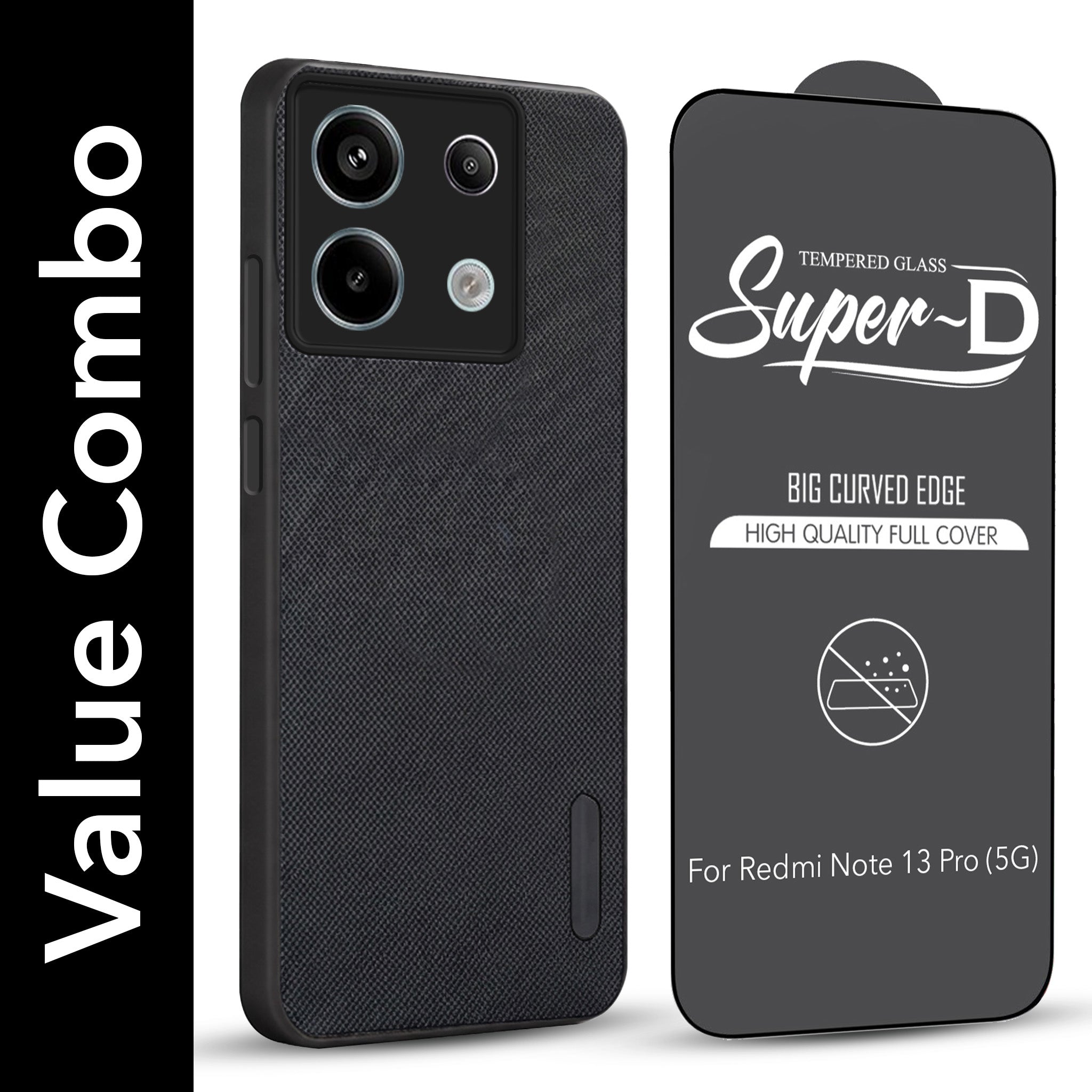 For Redmi Note 13 Pro Combo with Back Cover and 9H Tempered Glass (Textured Grip Design | Micro-Fiber Cloth Inside | Oleophobic Coating Screen Glass)